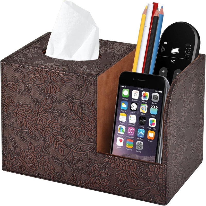 XNONE PU Leather Tissue Box Cover Square Tissue Holder Tissues Box Organizer with 2 Compartment,Remote Control Holder,Multifunctional Decorative Tissue Box Covers Cube,Home Office Desktop Storage Box,Retro - Image 1
